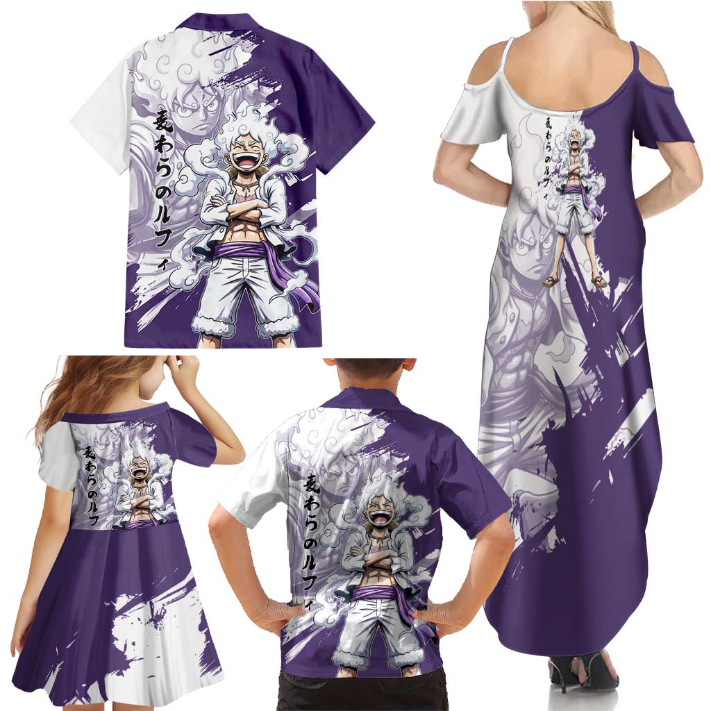 Luffy Gear 5 Anime Family Matching Summer Maxi Dress and Hawaiian Shirt One Piece Ink Splash Graphic