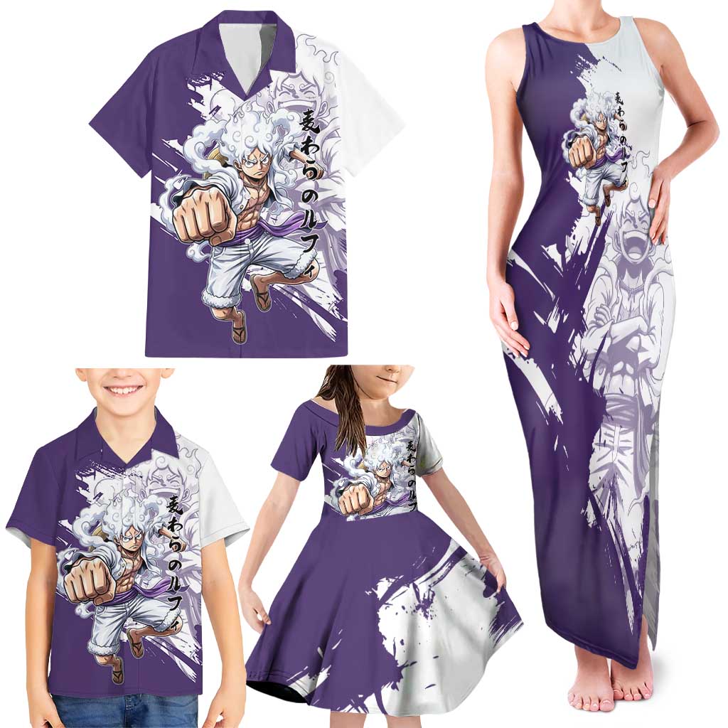 Luffy Gear 5 Anime Family Matching Tank Maxi Dress and Hawaiian Shirt One Piece Ink Splash Graphic