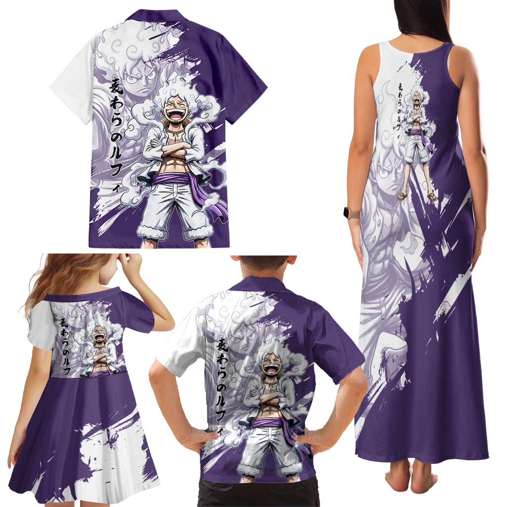 Luffy Gear 5 Anime Family Matching Tank Maxi Dress and Hawaiian Shirt One Piece Ink Splash Graphic