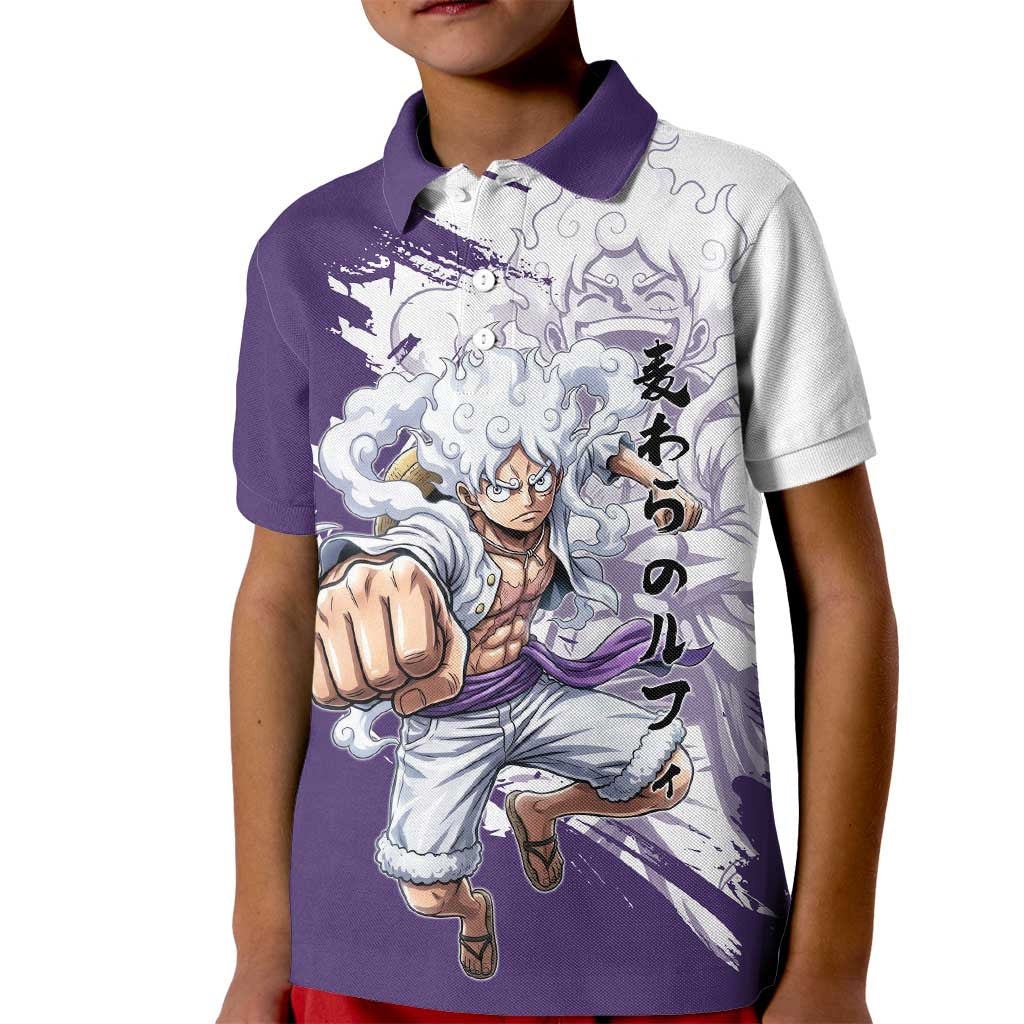 Luffy Gear 5 Anime Kid Polo Shirt One Piece Ink Splash Graphic