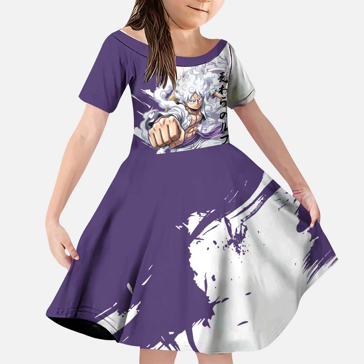Luffy Gear 5 Anime Kid Short Sleeve Dress One Piece Ink Splash Graphic