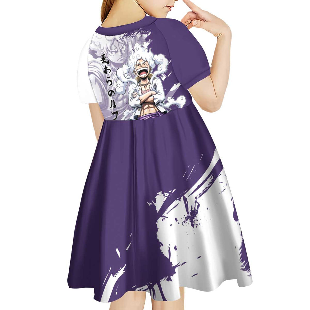 Luffy Gear 5 Anime Kid Short Sleeve Dress One Piece Ink Splash Graphic