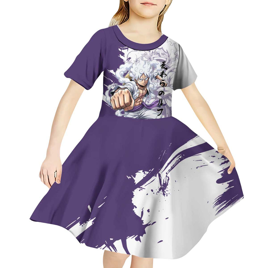 Luffy Gear 5 Anime Kid Short Sleeve Dress One Piece Ink Splash Graphic