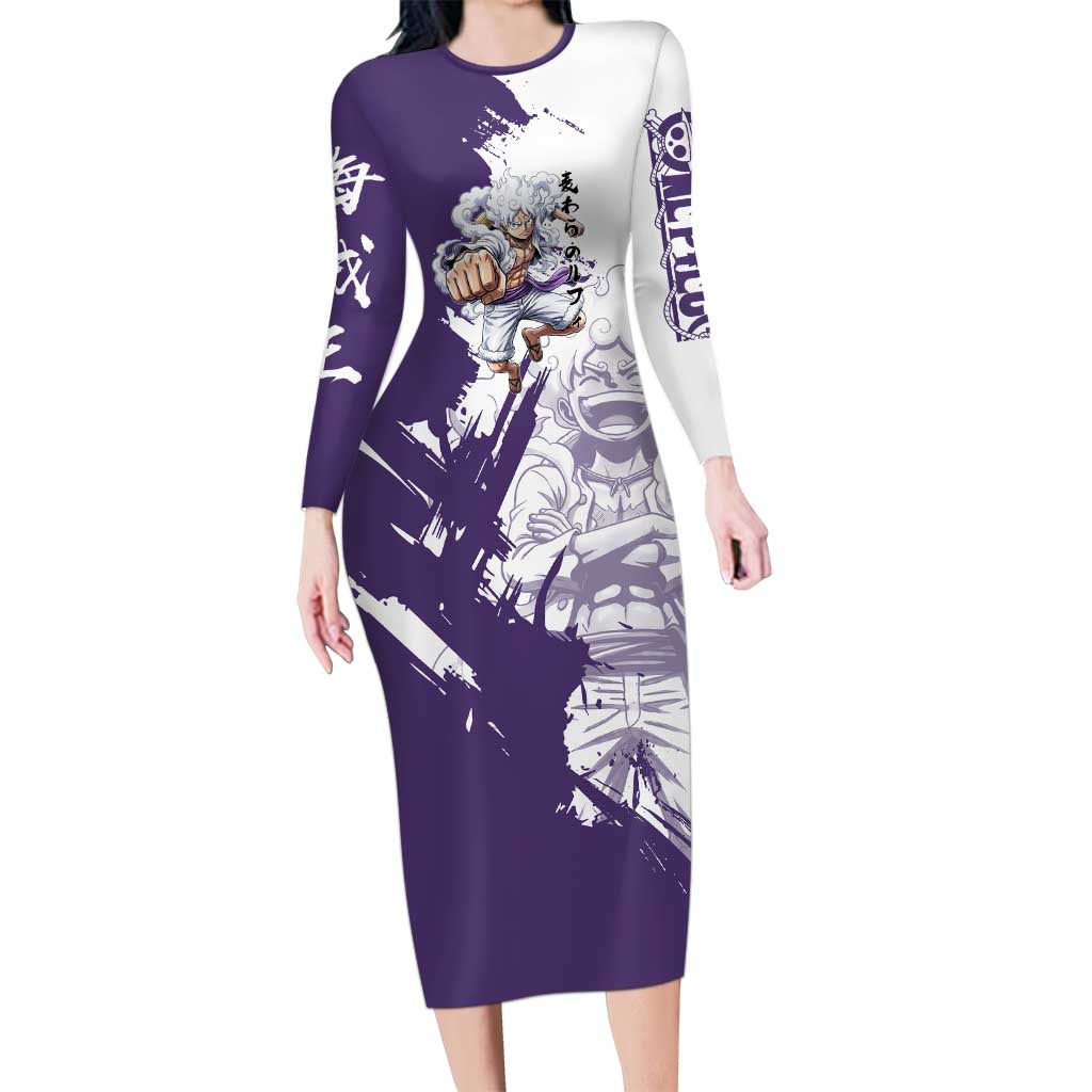 Luffy Gear 5 Anime Long Sleeve Bodycon Dress One Piece Ink Splash Graphic