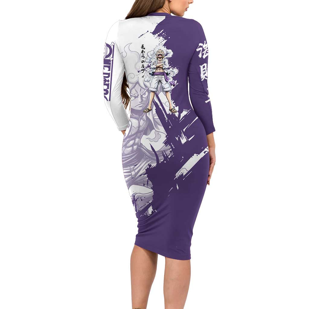 Luffy Gear 5 Anime Long Sleeve Bodycon Dress One Piece Ink Splash Graphic