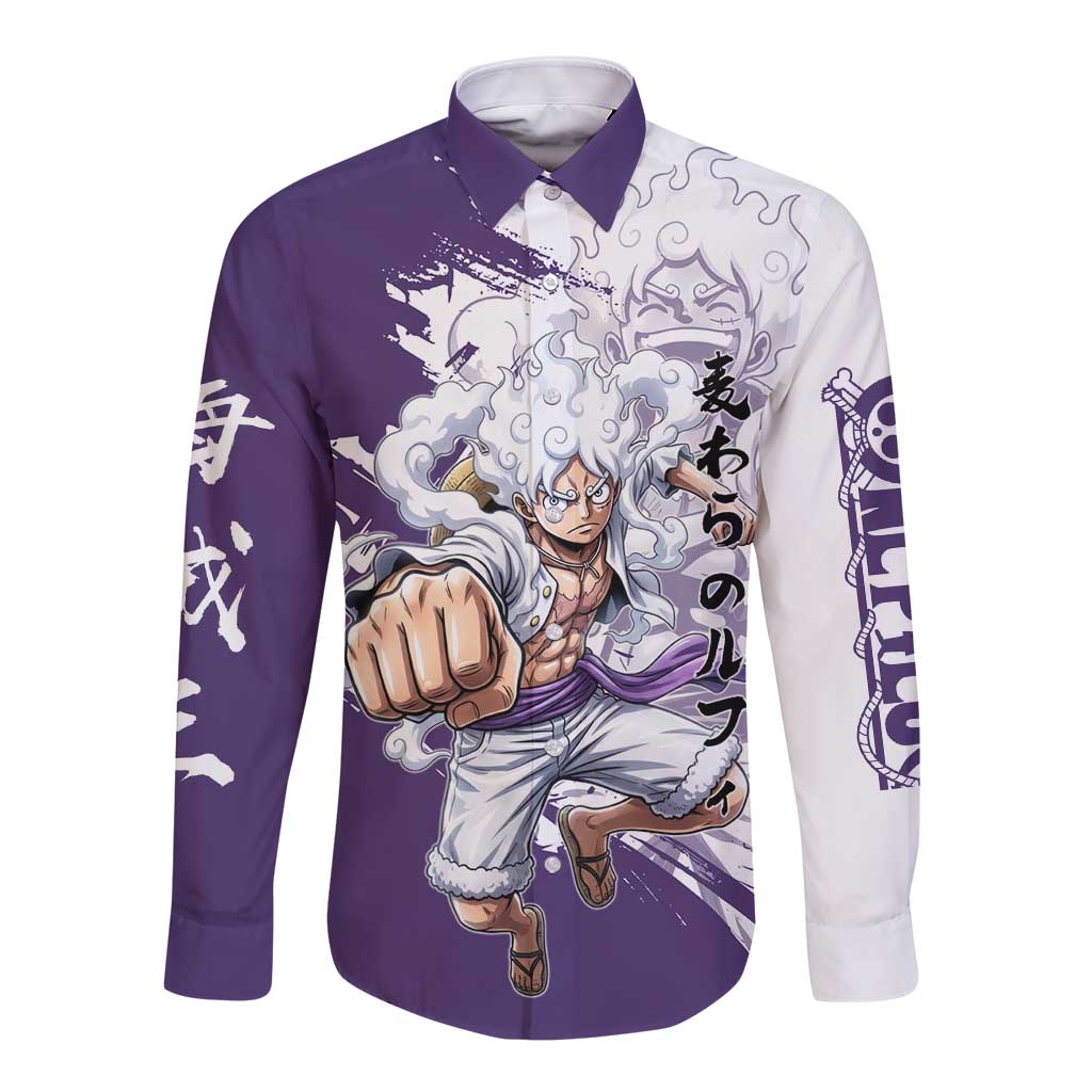 Luffy Gear 5 Anime Long Sleeve Button Shirt One Piece Ink Splash Graphic