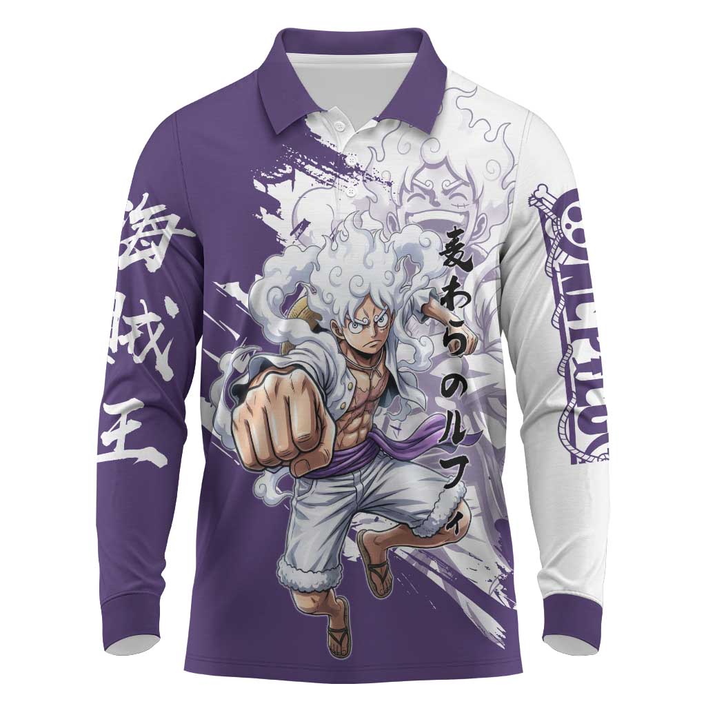 Luffy Gear 5 Anime Long Sleeve Polo Shirt One Piece Ink Splash Graphic