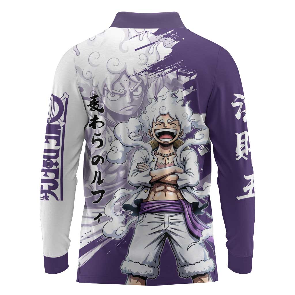 Luffy Gear 5 Anime Long Sleeve Polo Shirt One Piece Ink Splash Graphic