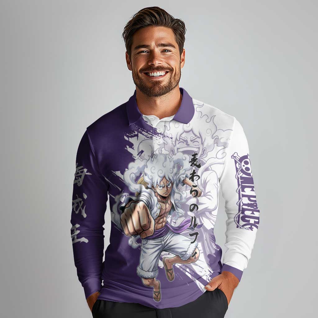 Luffy Gear 5 Anime Long Sleeve Polo Shirt One Piece Ink Splash Graphic