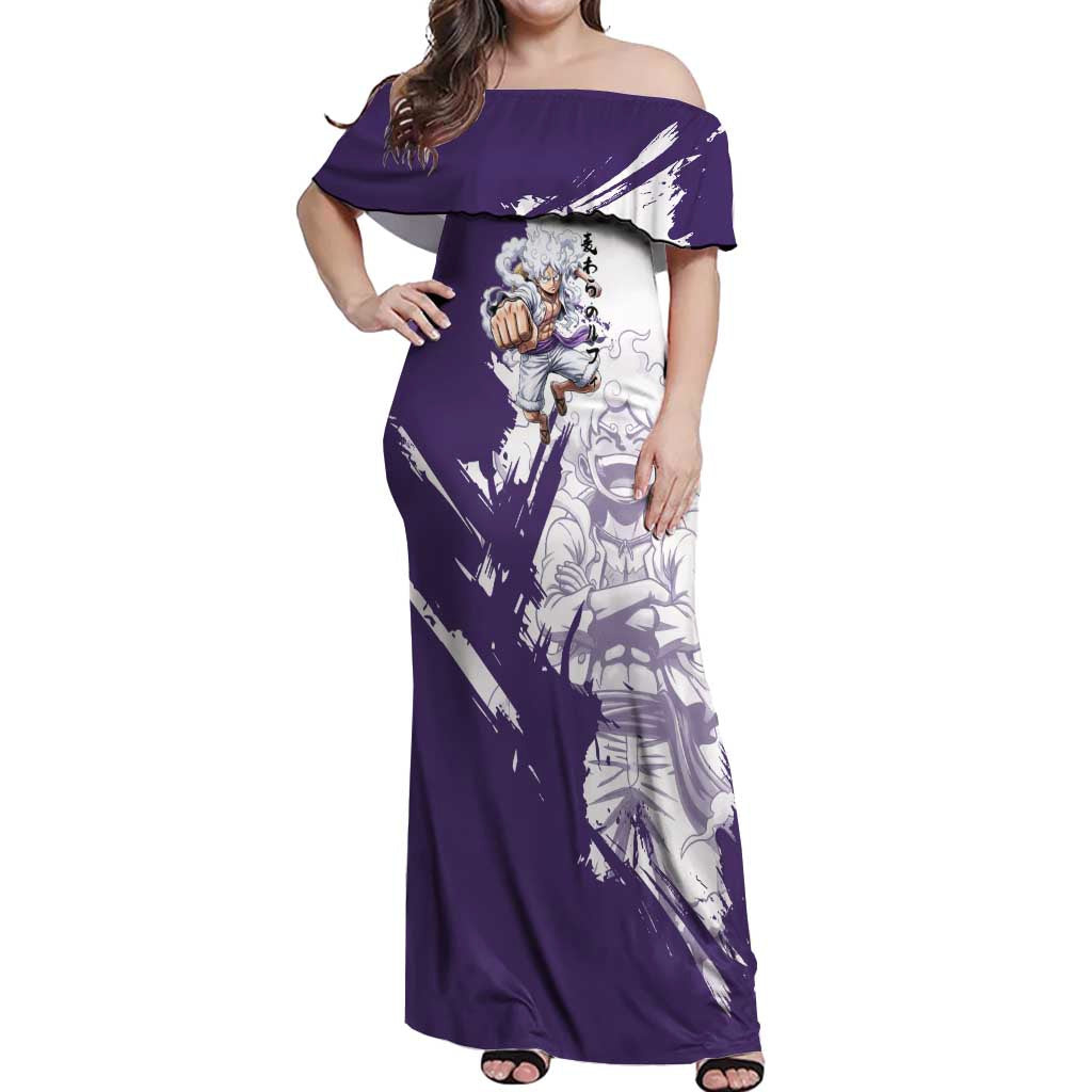 Luffy Gear 5 Anime Off Shoulder Maxi Dress One Piece Ink Splash Graphic