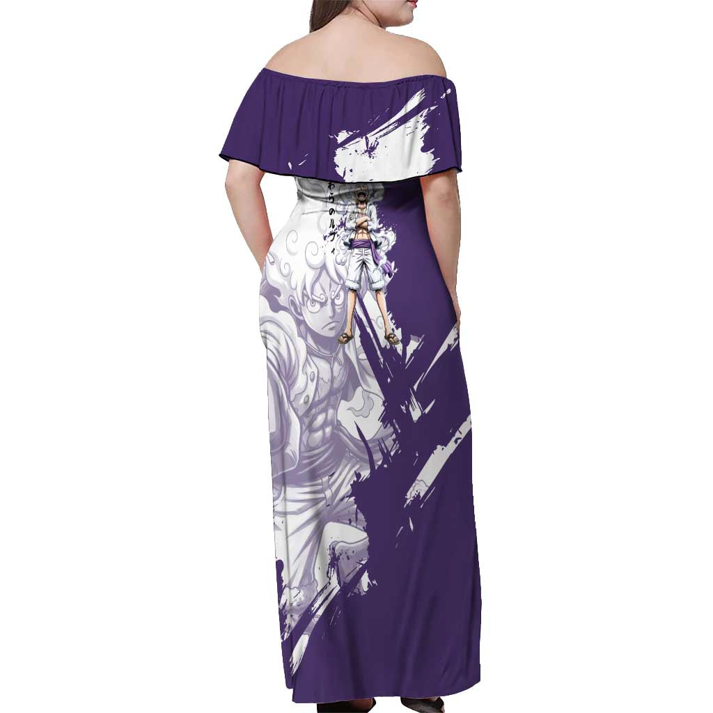 Luffy Gear 5 Anime Off Shoulder Maxi Dress One Piece Ink Splash Graphic
