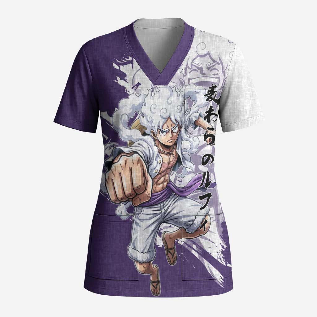 Luffy Gear 5 Anime Scrub Top One Piece Ink Splash Graphic