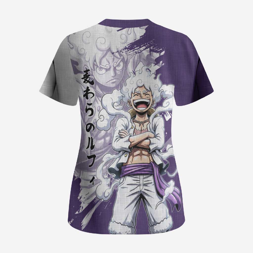 Luffy Gear 5 Anime Scrub Top One Piece Ink Splash Graphic