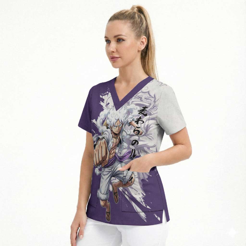 Luffy Gear 5 Anime Scrub Top One Piece Ink Splash Graphic
