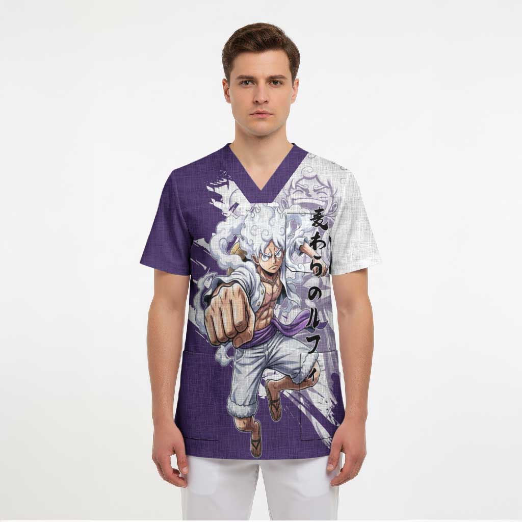 Luffy Gear 5 Anime Scrub Top One Piece Ink Splash Graphic