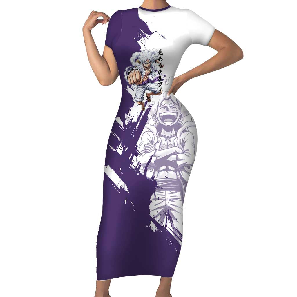 Luffy Gear 5 Anime Short Sleeve Bodycon Dress One Piece Ink Splash Graphic