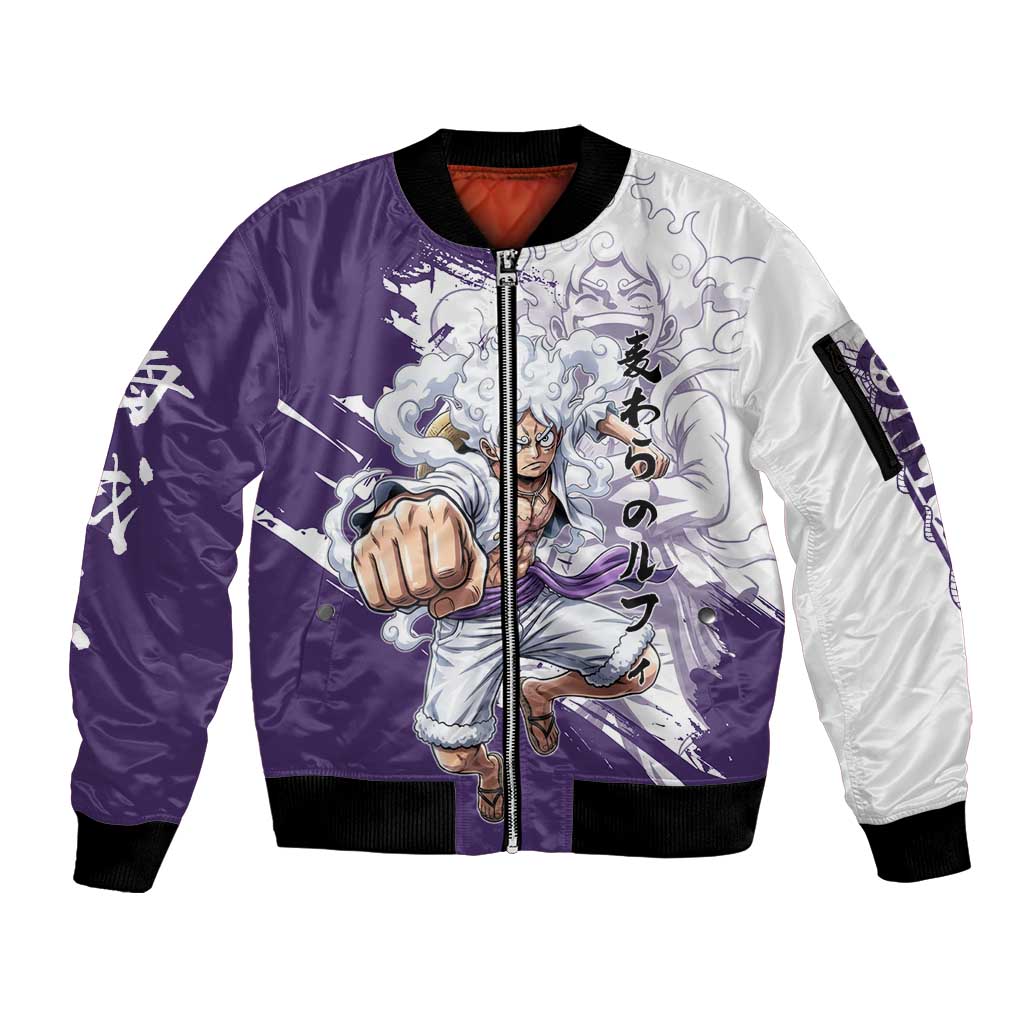 Luffy Gear 5 Anime Sleeve Zip Bomber Jacket One Piece Ink Splash Graphic