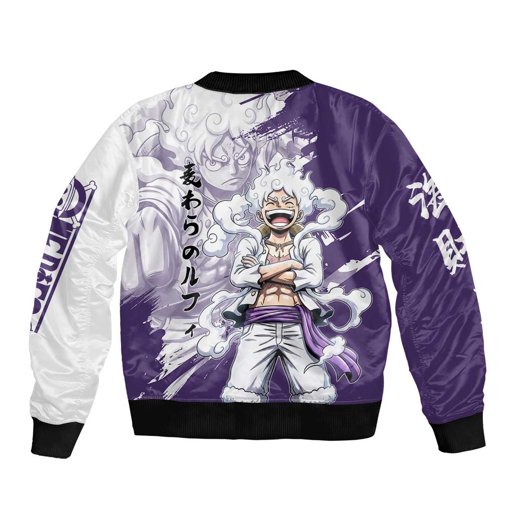 Luffy Gear 5 Anime Sleeve Zip Bomber Jacket One Piece Ink Splash Graphic