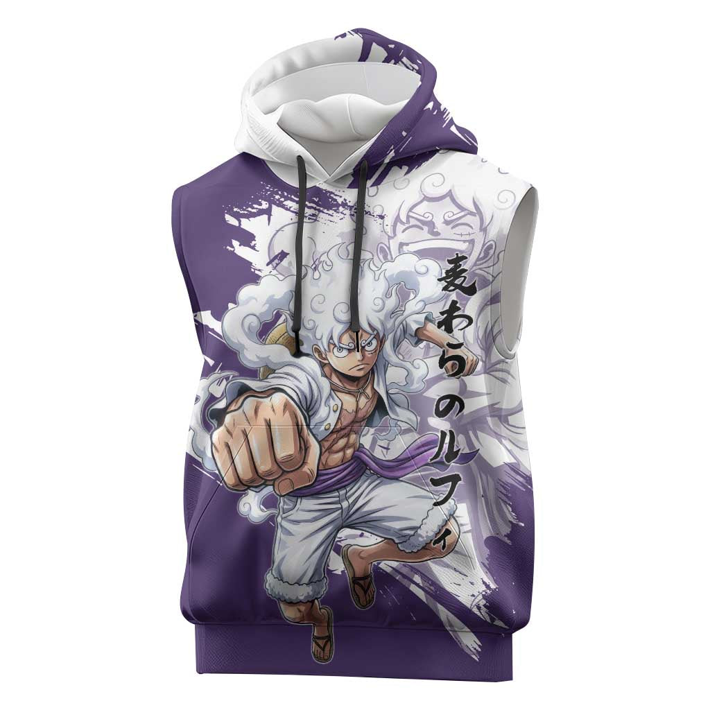 Luffy Gear 5 Anime Sleeveless Hoodie One Piece Ink Splash Graphic