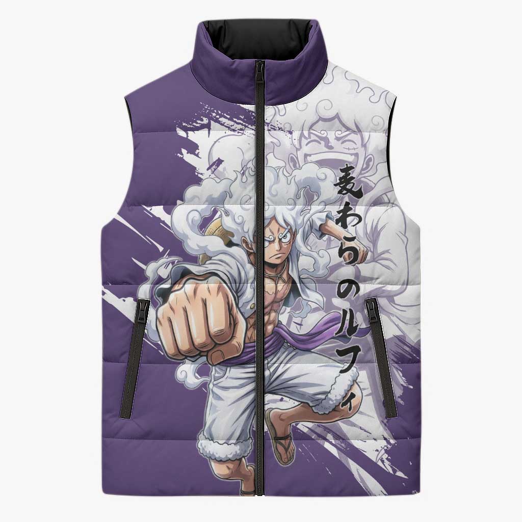 Luffy Gear 5 Anime Sleeveless Puffer Jacket One Piece Ink Splash Graphic