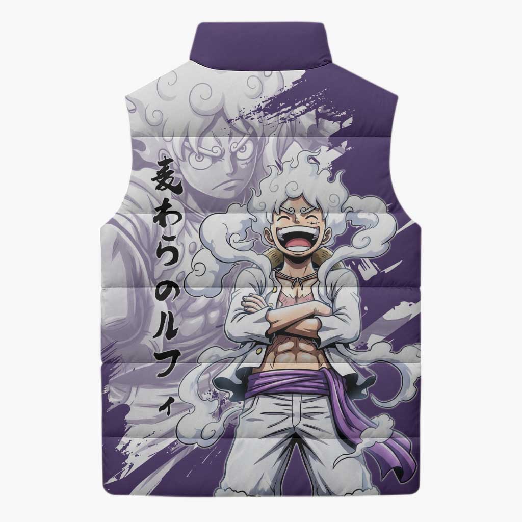 Luffy Gear 5 Anime Sleeveless Puffer Jacket One Piece Ink Splash Graphic