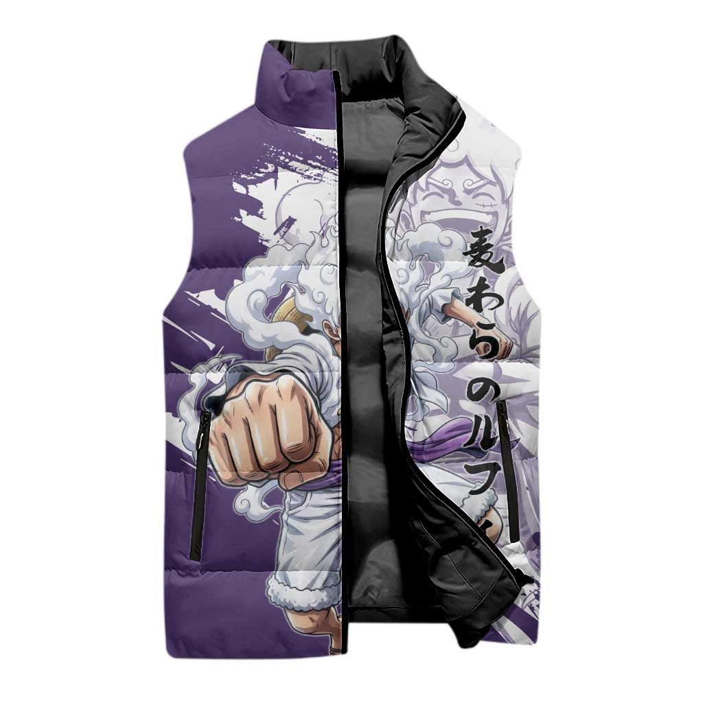 Luffy Gear 5 Anime Sleeveless Puffer Jacket One Piece Ink Splash Graphic
