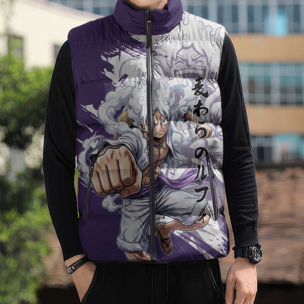 Luffy Gear 5 Anime Sleeveless Puffer Jacket One Piece Ink Splash Graphic
