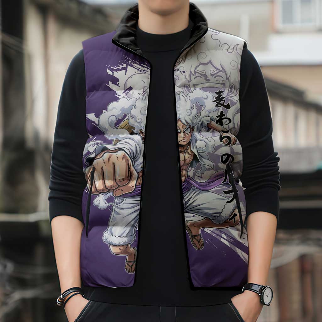 Luffy Gear 5 Anime Sleeveless Puffer Jacket One Piece Ink Splash Graphic