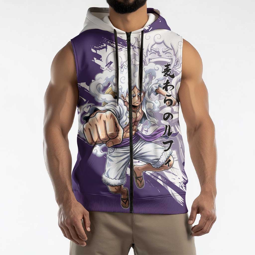 Luffy Gear 5 Anime Sleeveless Zip Hoodie One Piece Ink Splash Graphic