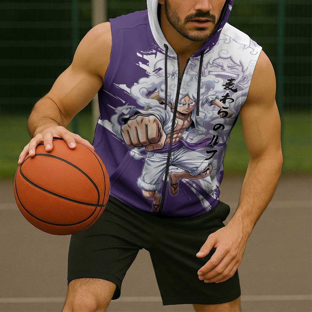 Luffy Gear 5 Anime Sleeveless Zip Hoodie One Piece Ink Splash Graphic