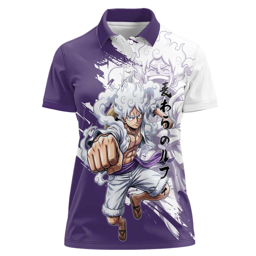 Luffy Gear 5 Anime Women Polo Shirt One Piece Ink Splash Graphic