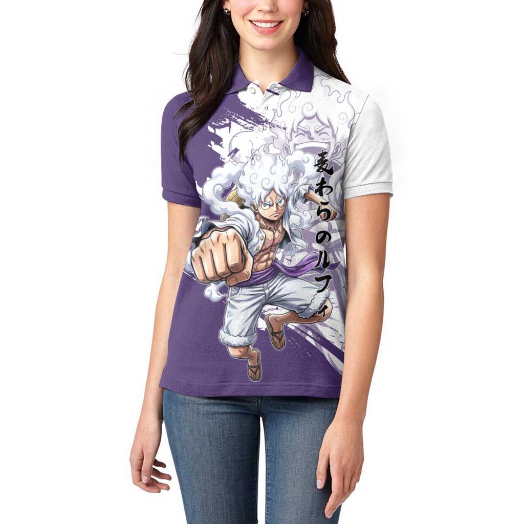 Luffy Gear 5 Anime Women Polo Shirt One Piece Ink Splash Graphic