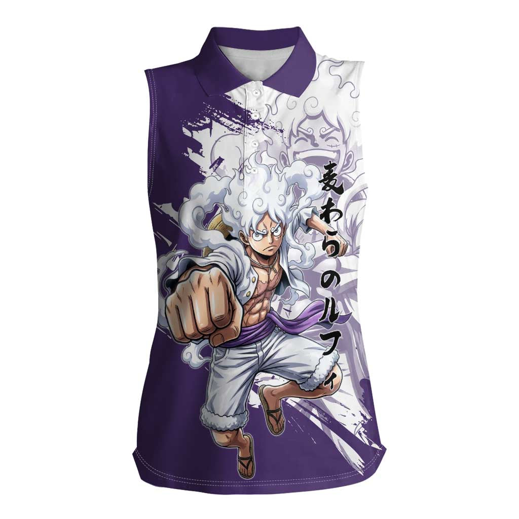 Luffy Gear 5 Anime Women Sleeveless Polo Shirt One Piece Ink Splash Graphic