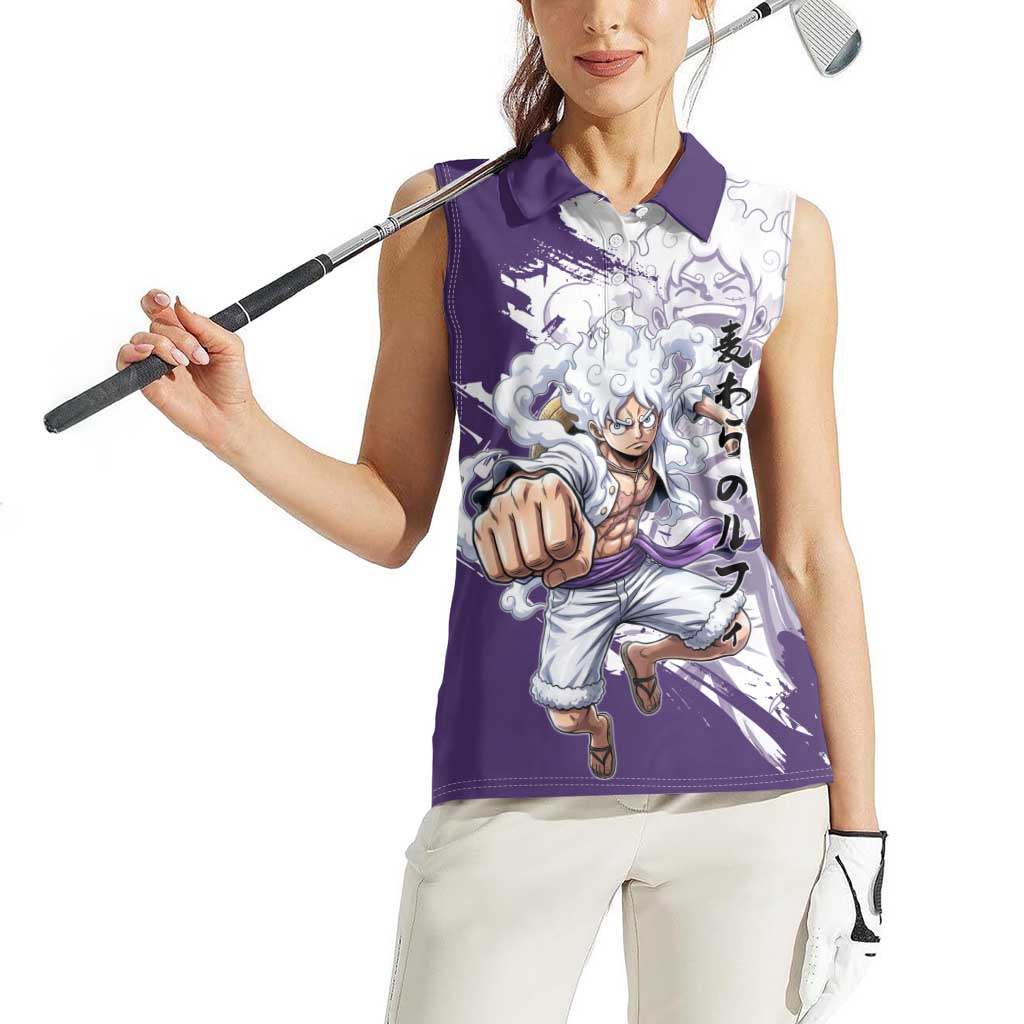 Luffy Gear 5 Anime Women Sleeveless Polo Shirt One Piece Ink Splash Graphic