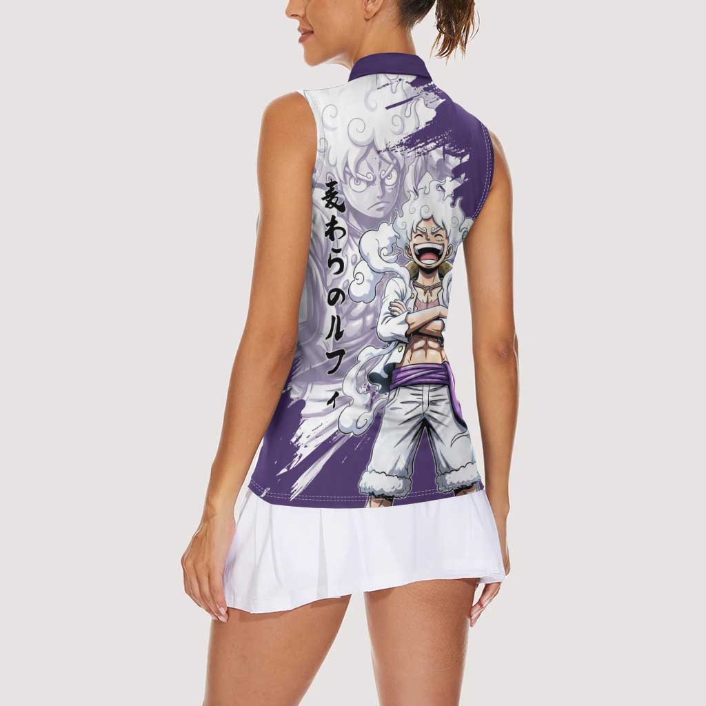 Luffy Gear 5 Anime Women Sleeveless Polo Shirt One Piece Ink Splash Graphic