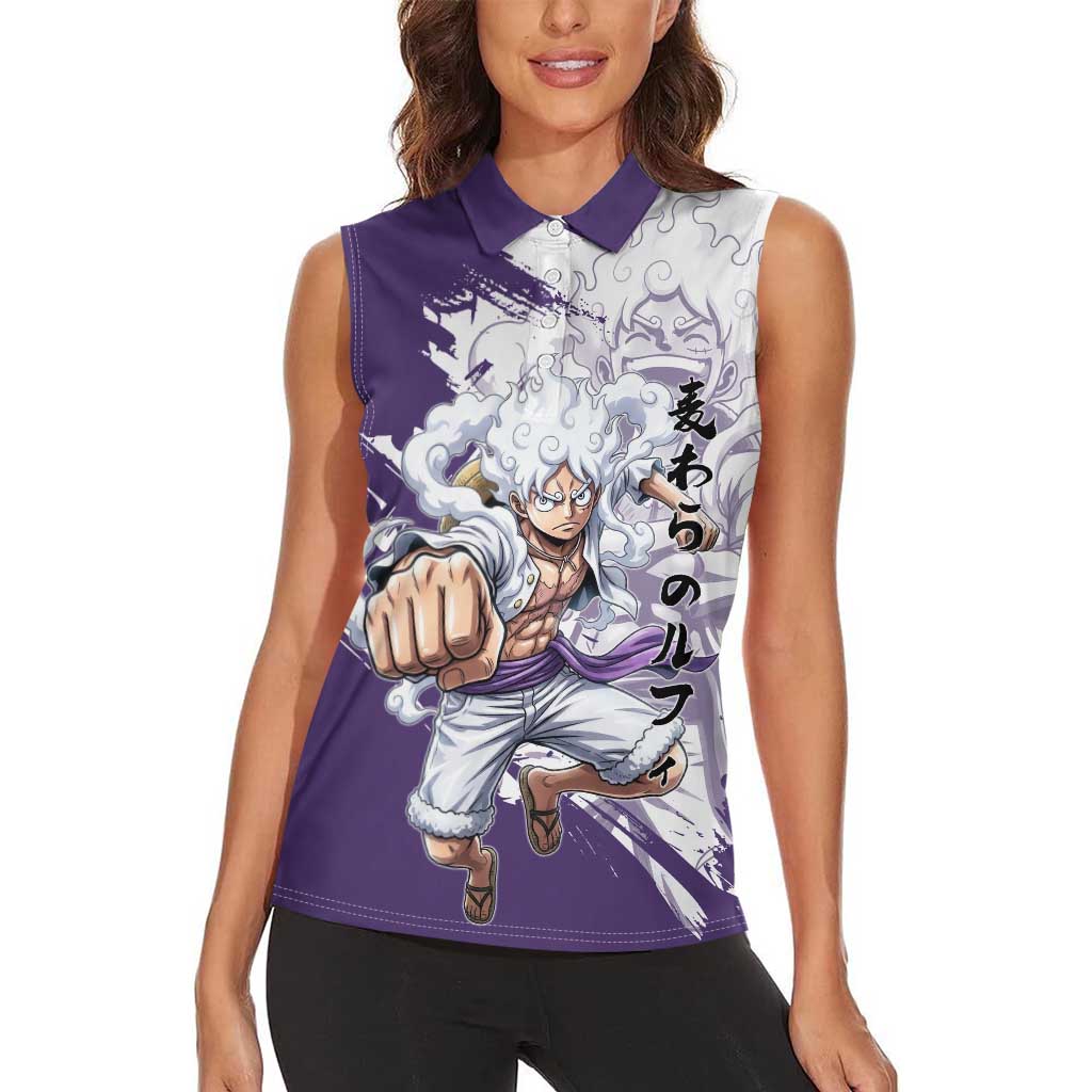 Luffy Gear 5 Anime Women Sleeveless Polo Shirt One Piece Ink Splash Graphic