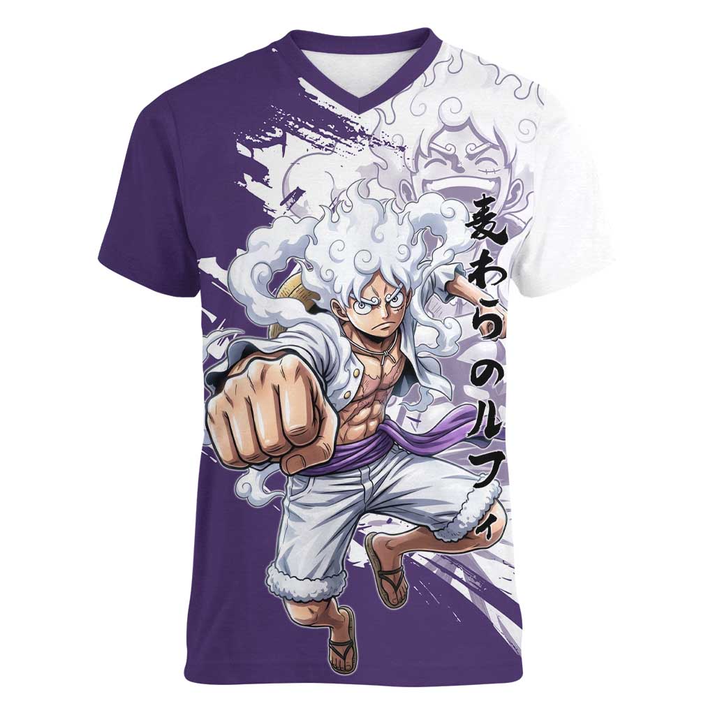 Luffy Gear 5 Anime Women V-Neck T-Shirt One Piece Ink Splash Graphic