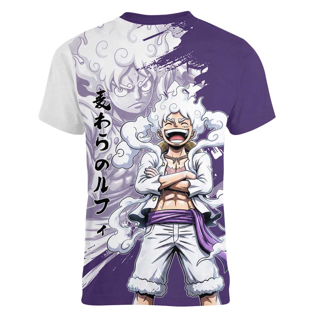 Luffy Gear 5 Anime Women V-Neck T-Shirt One Piece Ink Splash Graphic