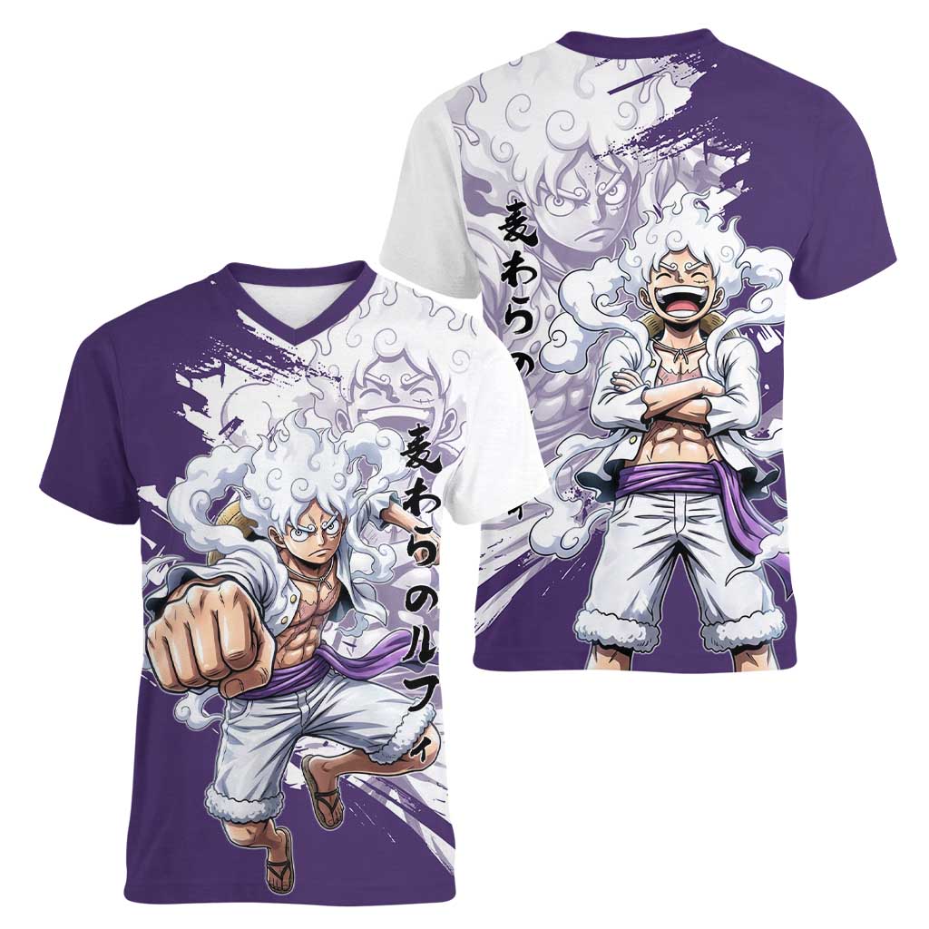 Luffy Gear 5 Anime Women V-Neck T-Shirt One Piece Ink Splash Graphic