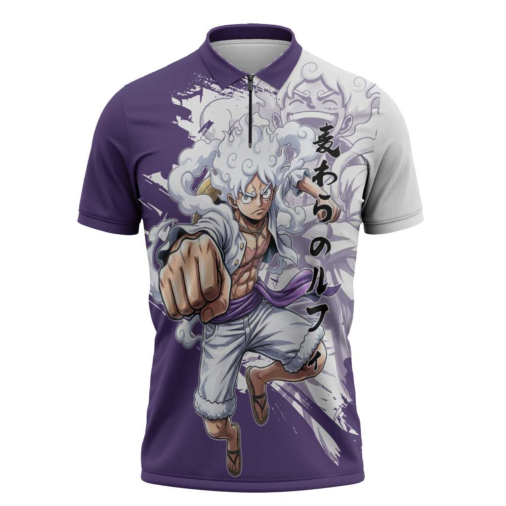 Luffy Gear 5 Anime Zipper Polo Shirt One Piece Ink Splash Graphic