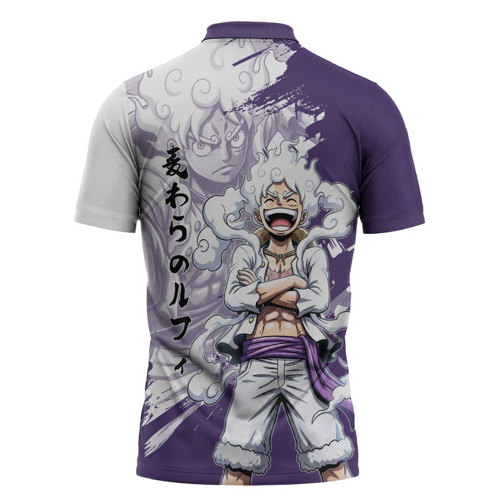 Luffy Gear 5 Anime Zipper Polo Shirt One Piece Ink Splash Graphic