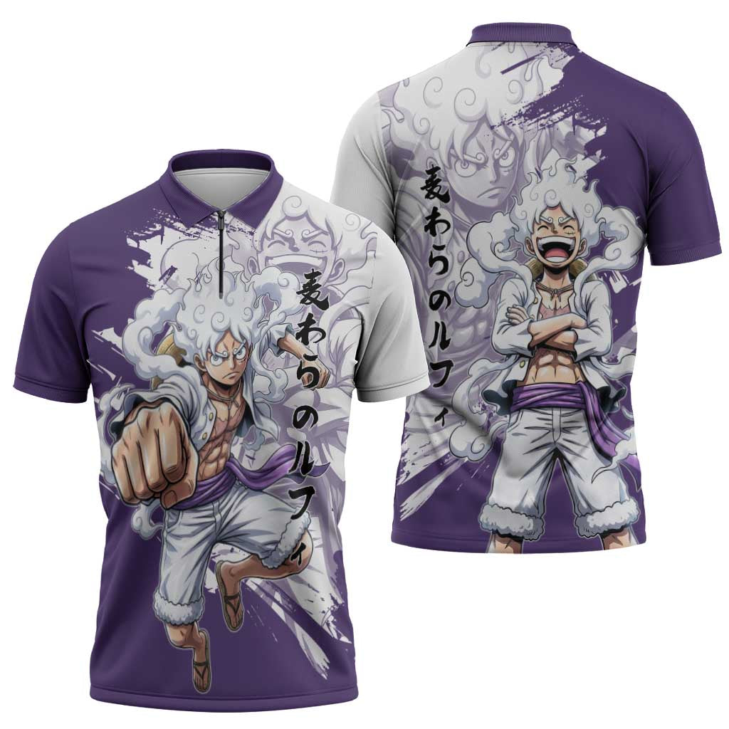 Luffy Gear 5 Anime Zipper Polo Shirt One Piece Ink Splash Graphic