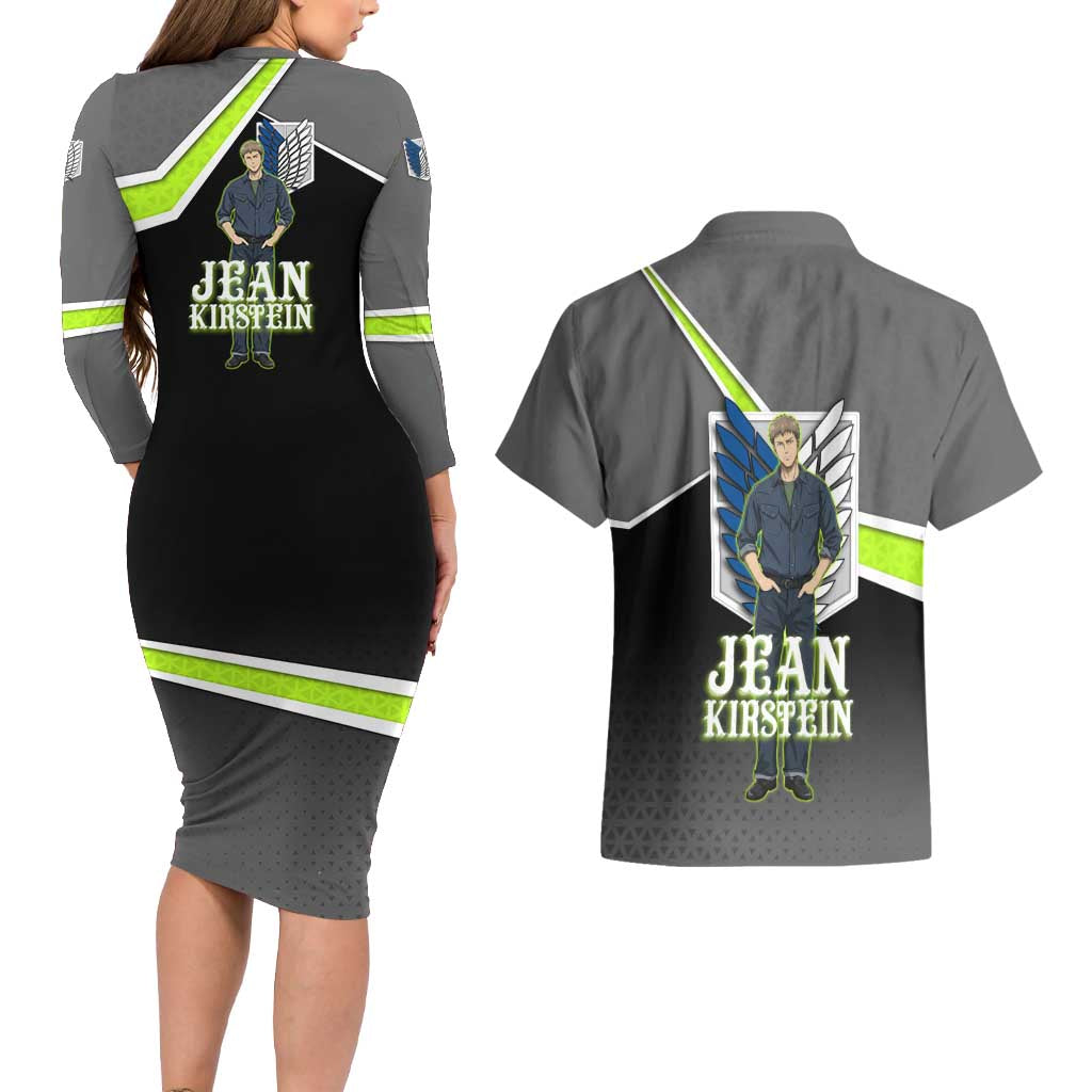 Jean Kirstein Attack on Titan Couples Matching Long Sleeve Bodycon Dress and Hawaiian Shirt Anime Denim Utility Style