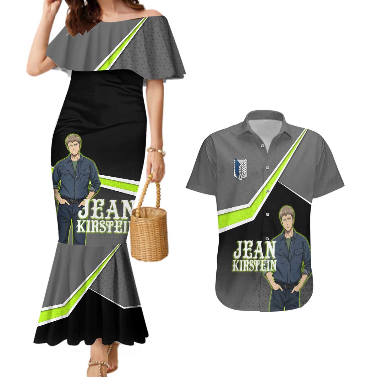 Jean Kirstein Attack on Titan Couples Matching Mermaid Dress and Hawaiian Shirt Anime Denim Utility Style