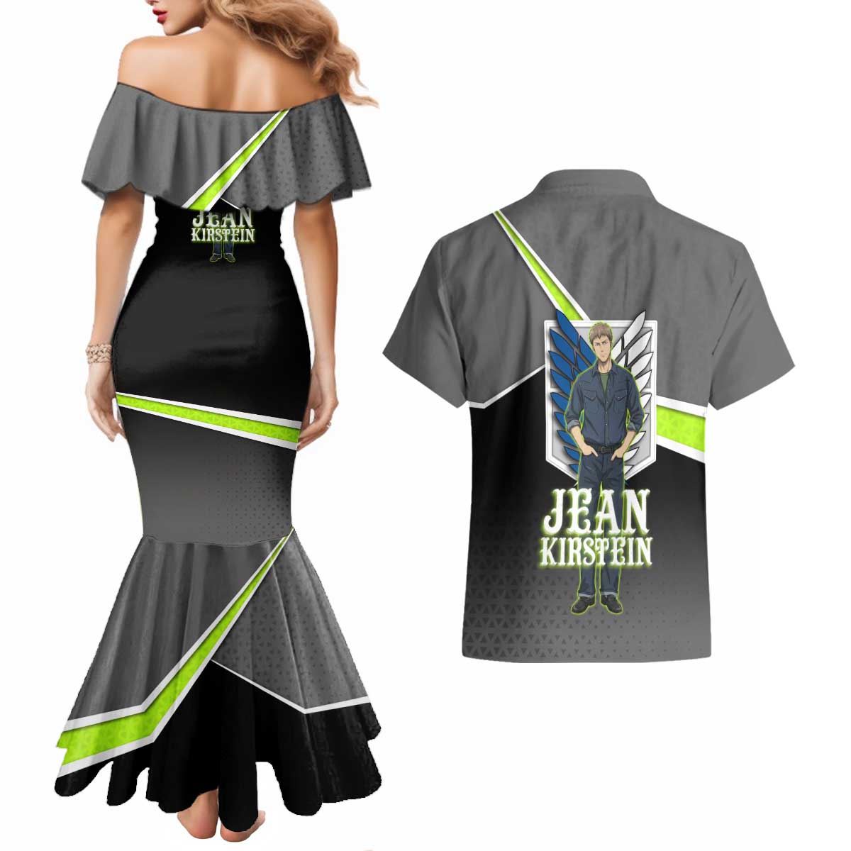 Jean Kirstein Attack on Titan Couples Matching Mermaid Dress and Hawaiian Shirt Anime Denim Utility Style