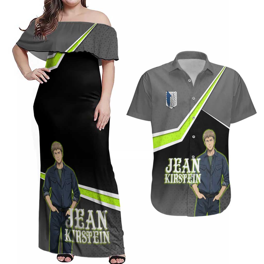 Jean Kirstein Attack on Titan Couples Matching Off Shoulder Maxi Dress and Hawaiian Shirt Anime Denim Utility Style