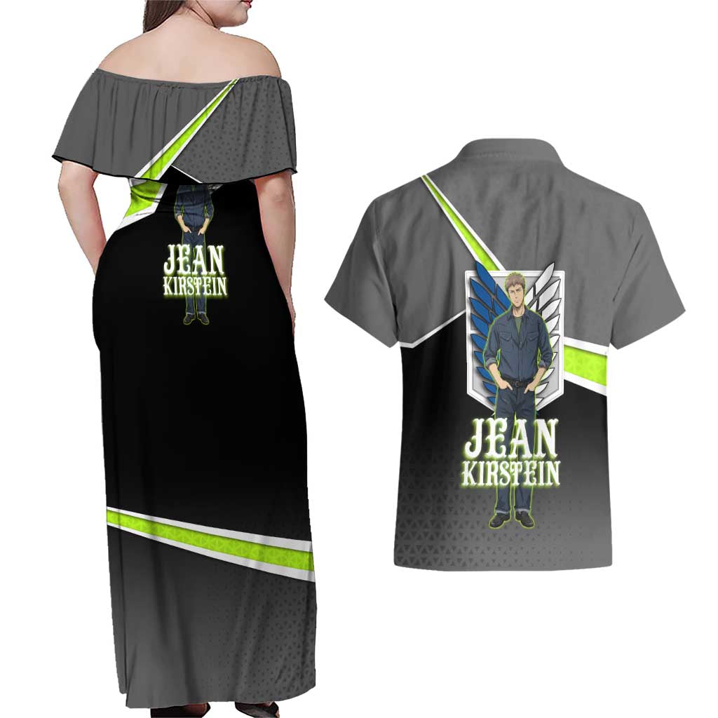 Jean Kirstein Attack on Titan Couples Matching Off Shoulder Maxi Dress and Hawaiian Shirt Anime Denim Utility Style