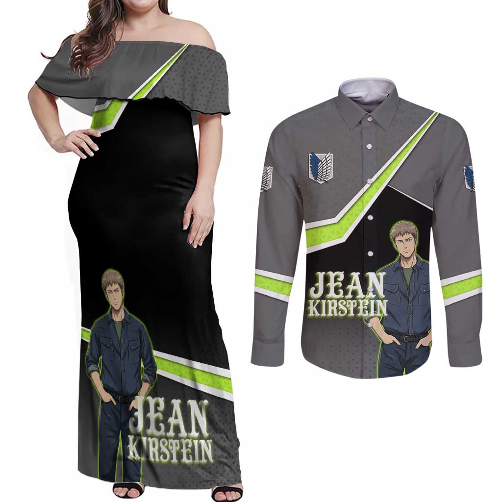 Jean Kirstein Attack on Titan Couples Matching Off Shoulder Maxi Dress and Long Sleeve Button Shirt Anime Denim Utility Style
