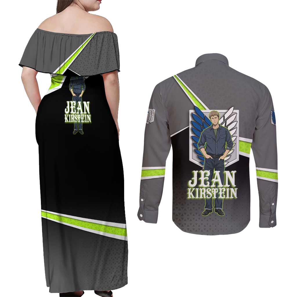 Jean Kirstein Attack on Titan Couples Matching Off Shoulder Maxi Dress and Long Sleeve Button Shirt Anime Denim Utility Style