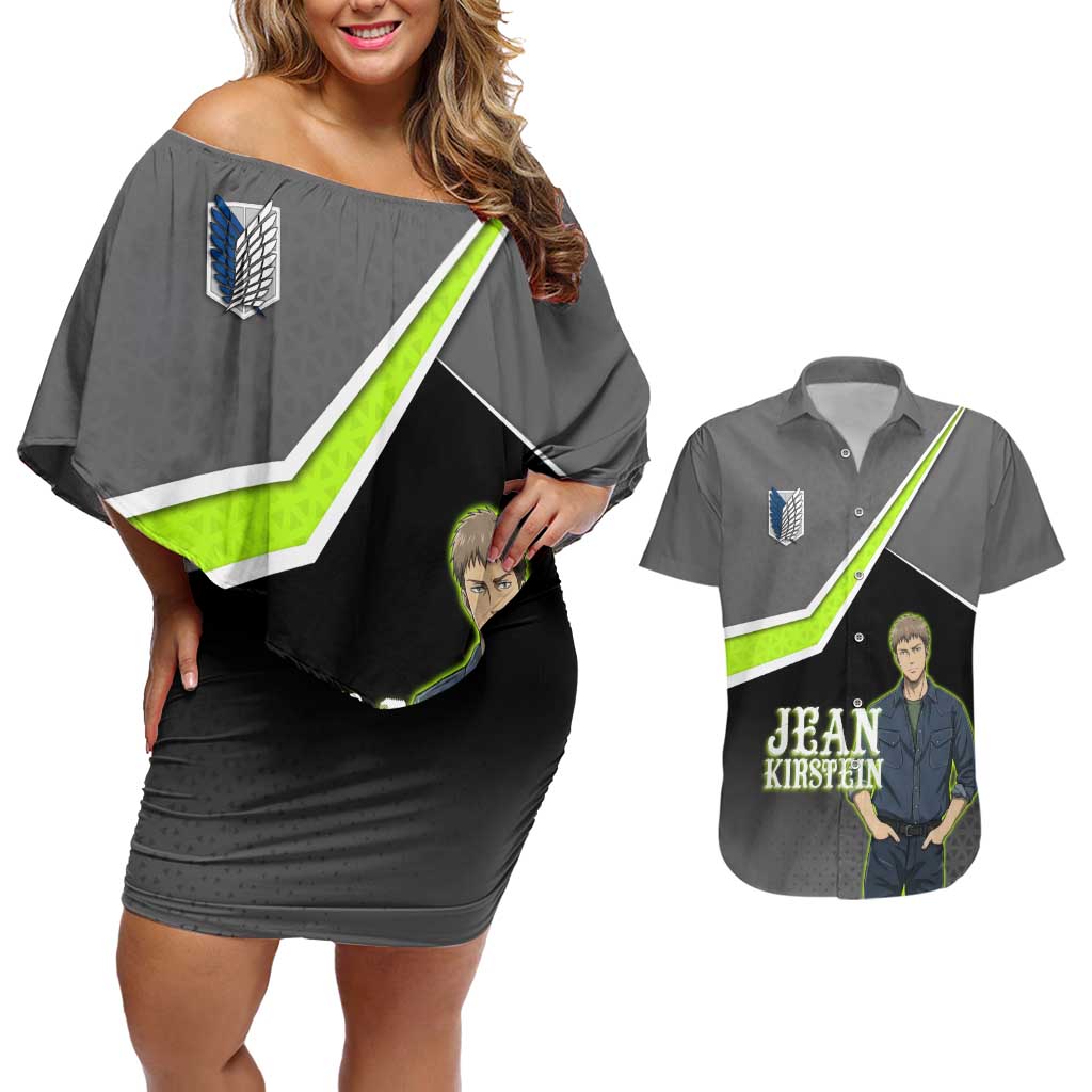 Jean Kirstein Attack on Titan Couples Matching Off Shoulder Short Dress and Hawaiian Shirt Anime Denim Utility Style